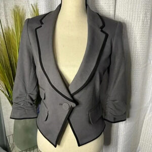 LaROK Women’s S Gray Ruched Long Sleeve Shawl Collar Blazer Black Piping Jacket